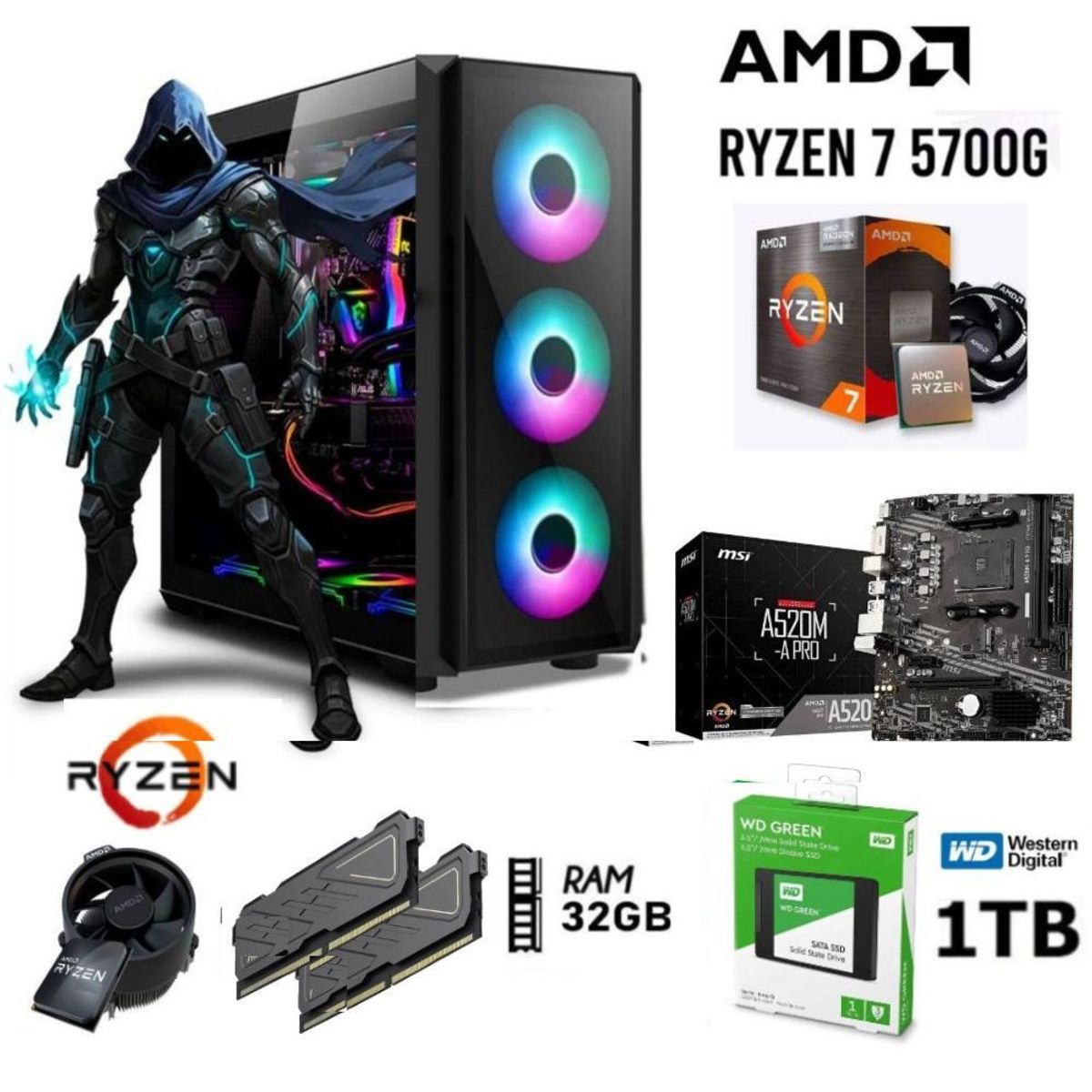 AMD CORP - COMPUTADORA PC GAMER  RYZEN 7 5700G  3.2Ghz Ram 32GB  Disco SSD  1TB, CASE 500W