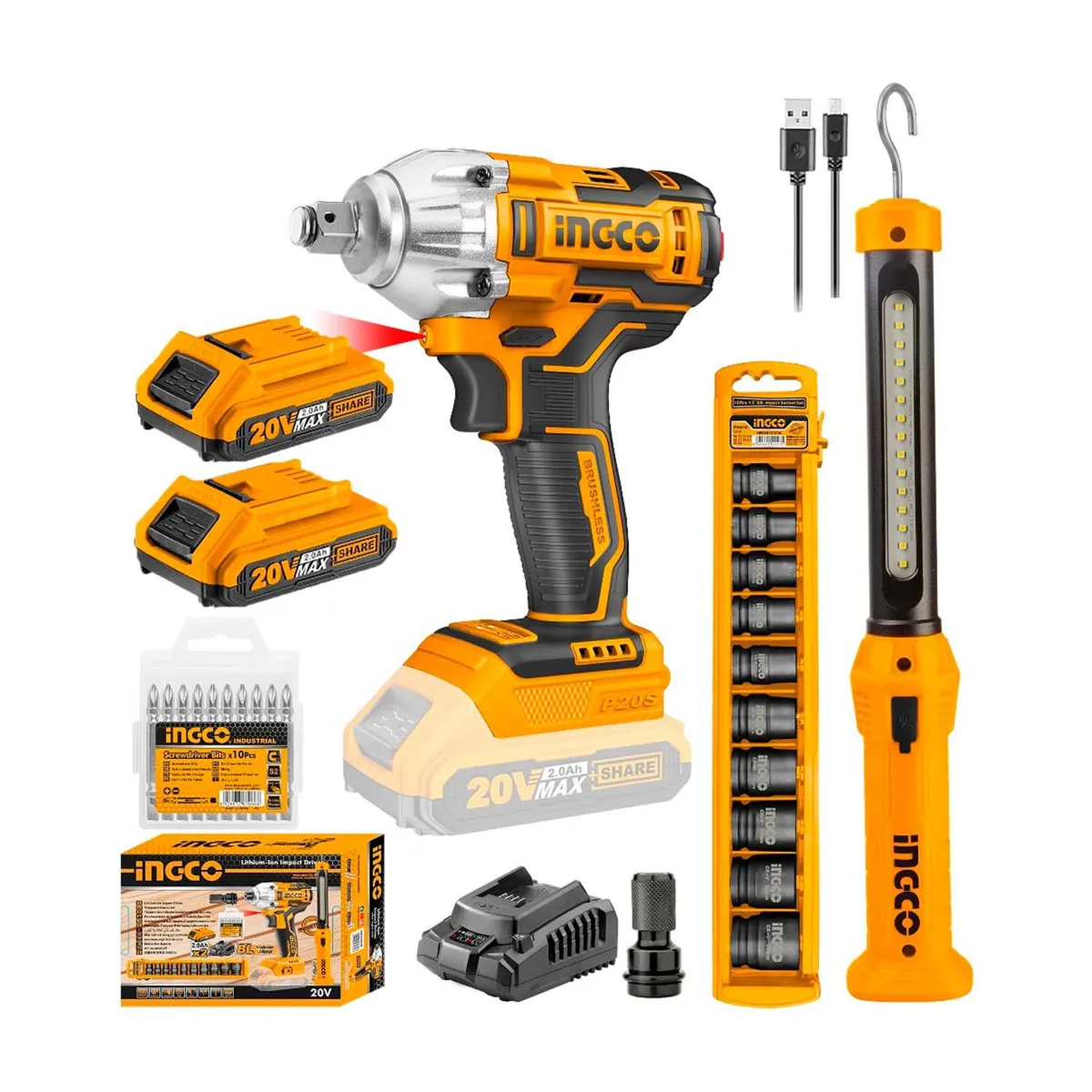 INGCO TOOLS - Llave de Impacto Brushless 20v + Linterna Set dados - COSLI23011