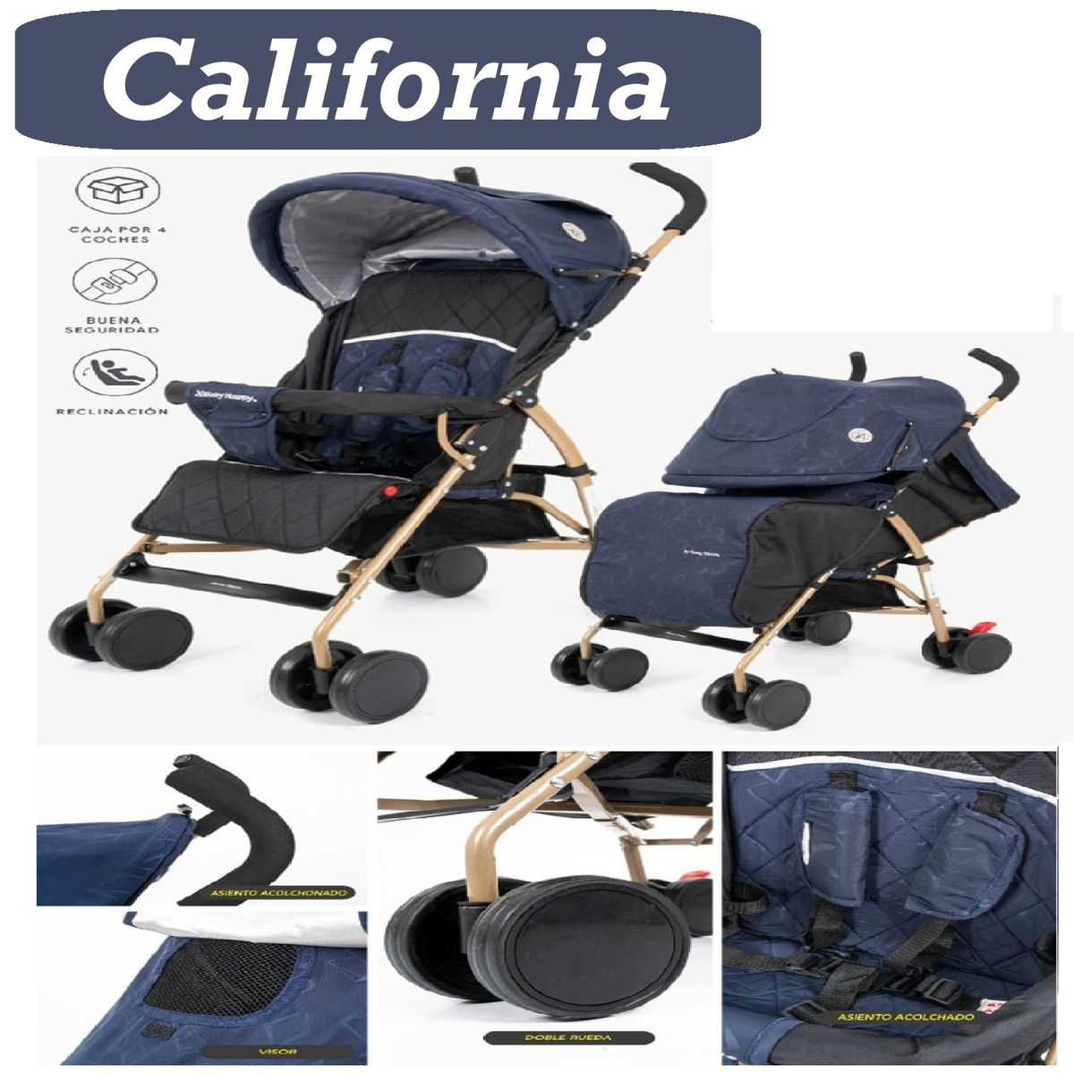 BABY HAPPY - Coche Baston Bebe Dorado  Tull protector California - Azul