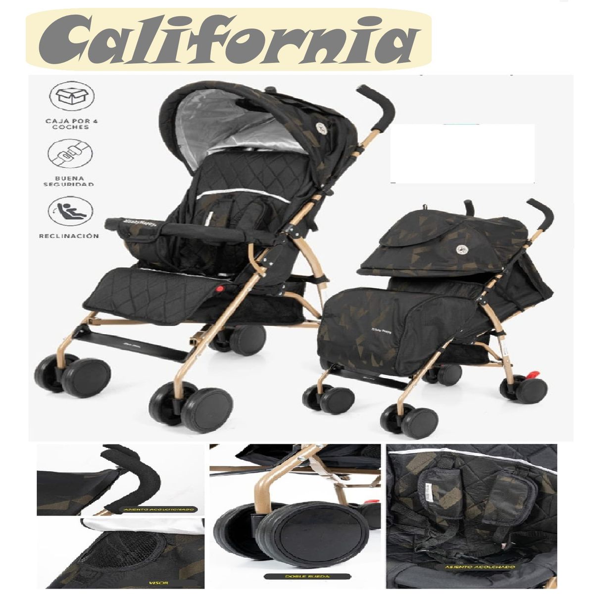 BABY HAPPY - Coche Baston Bebe Dorado Tull protector California - Negro