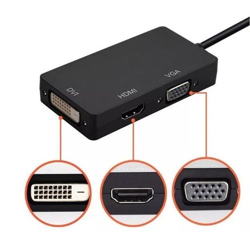 GENERICO - Adaptador Convertidor 3 En 1 Displayport a HDMI - VGA y Dvi Negro