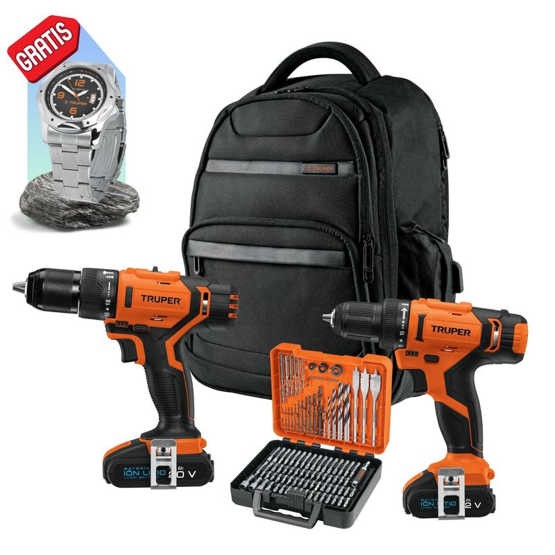 TRUPER - Taladro percutor atornillador 20V y 12V +100 brocas  +mochila Truper