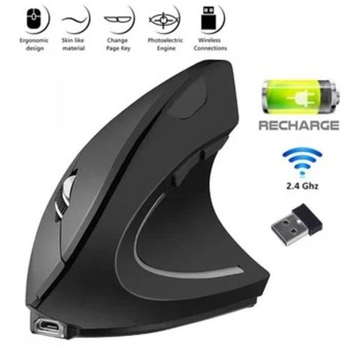 GENERICO - Mouse Recargable Inalambrico Ergonomico Vertical 2.4Ghz, USB 3.0
