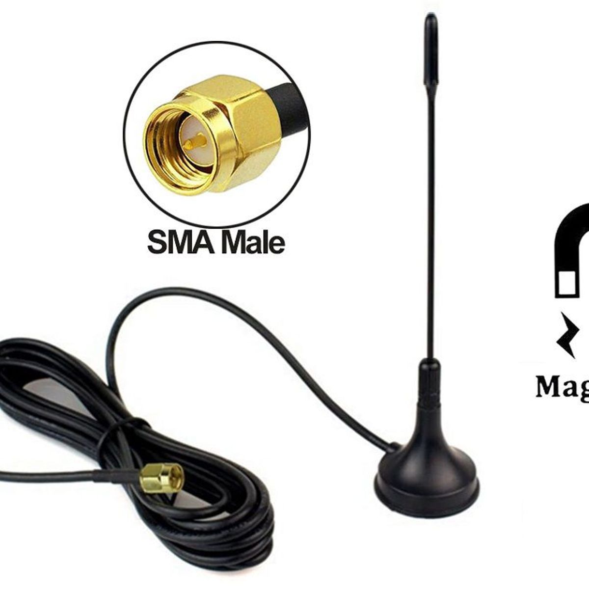 GENERICO - ANTENA EXTERNA SMA MACHO 3 METROS BASE MAGNÉTICA