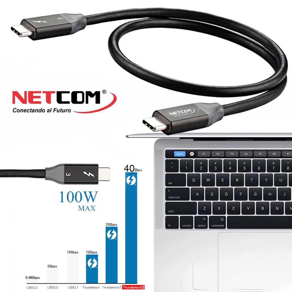NETCOM - Cable USB-C Thunderbolt 3 NETCOM 60Hz 40Gbps 8K PD 100W 1 Metro