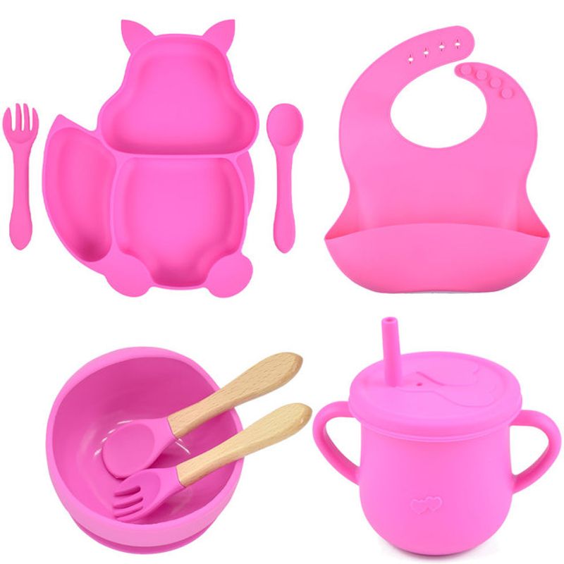 OEM - Platos para bebes plato de silicona bebe + babero  vaso + cubiertos Fucsia