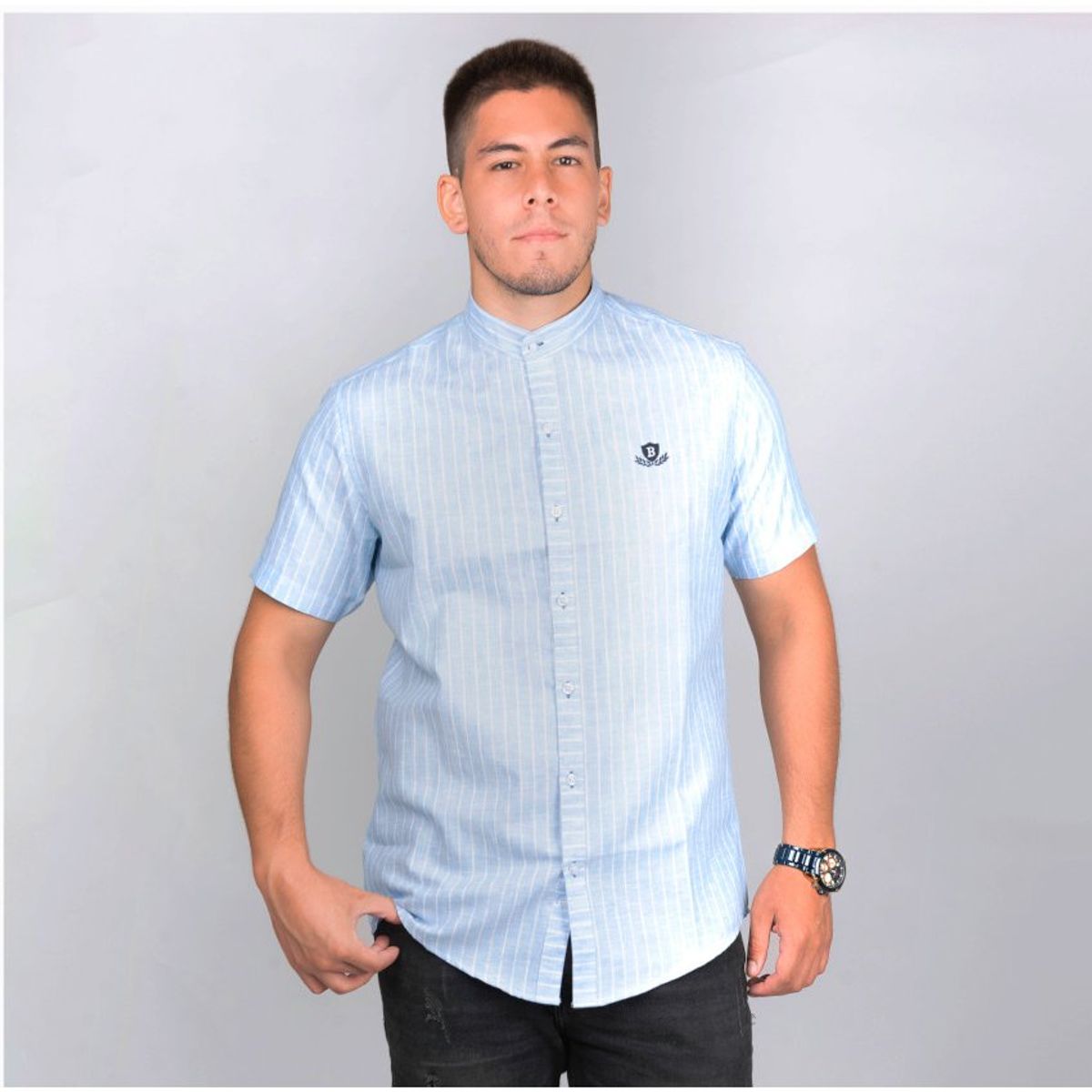 GENERICO - Camisa Manga Corta Piero Biani para Caballero Cuello Mao - celeste