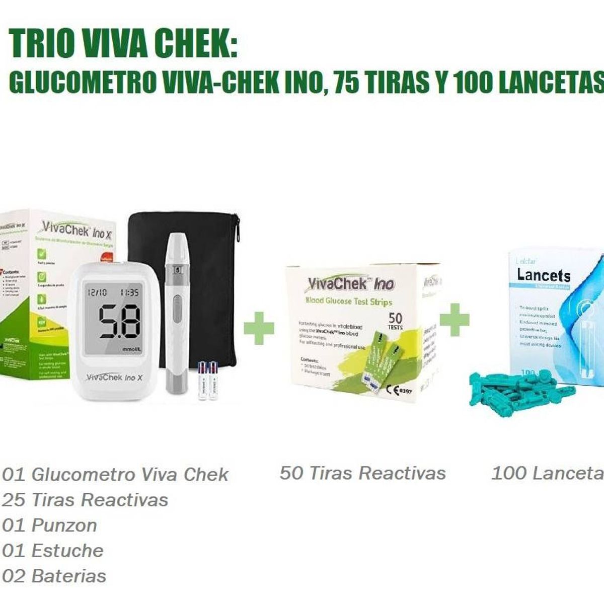 GENERICO - TRIO VIVA CHEK: GLUCOMETRO VIVA-CHEK INO, 100 TIRAS Y 100 LANCETAS