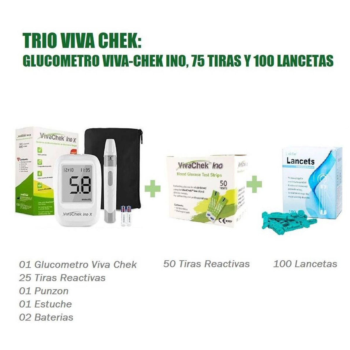 GENERICO - TRIO VIVA CHEK: GLUCOMETRO VIVA-CHEK INO, 100 TIRAS Y 100 LANCETAS
