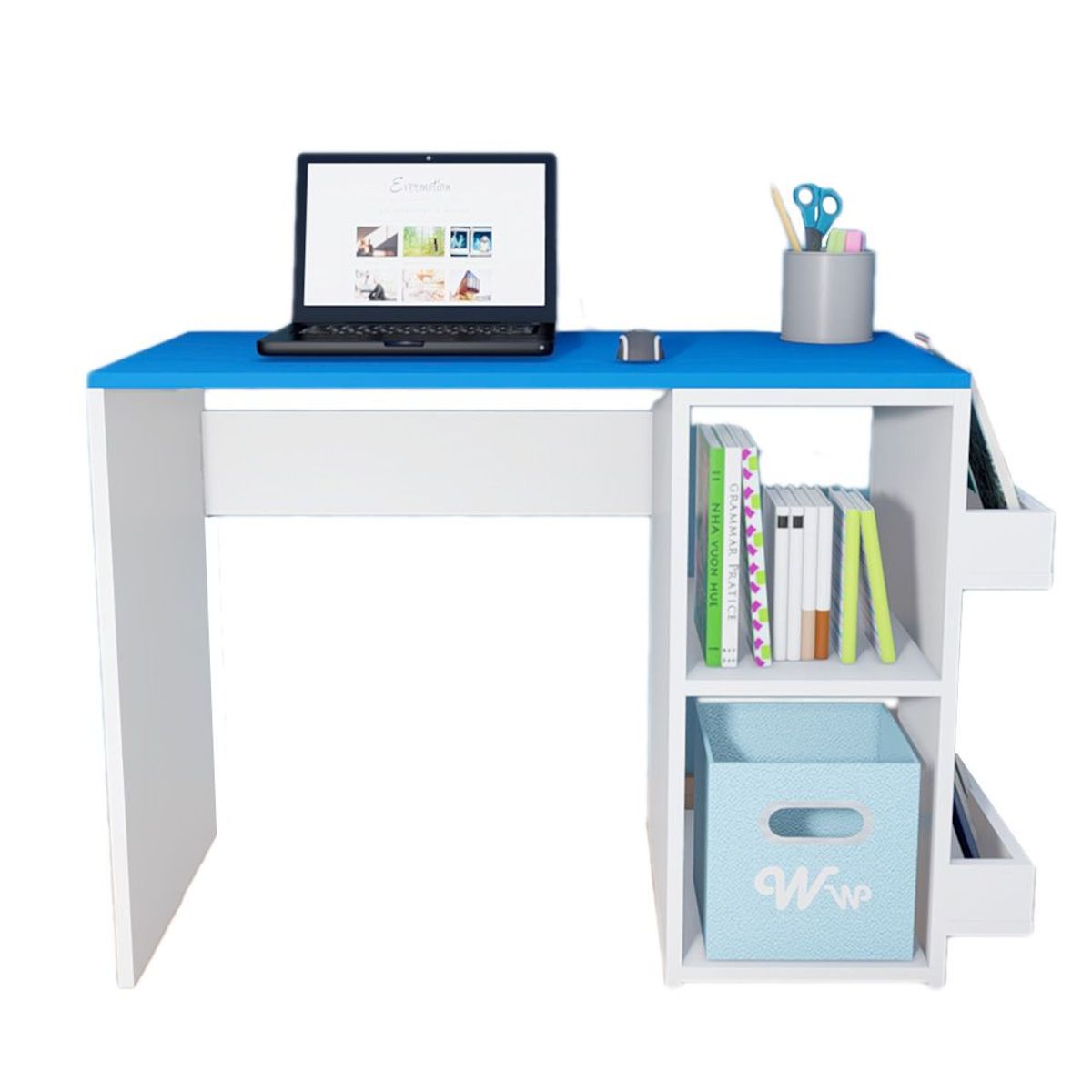 WONDER WOOD MUEBLERIA - Escritorio Harvey Wonder Wood Muebleria con 2 compartimientos y 2 portalibros Blanco/Azul