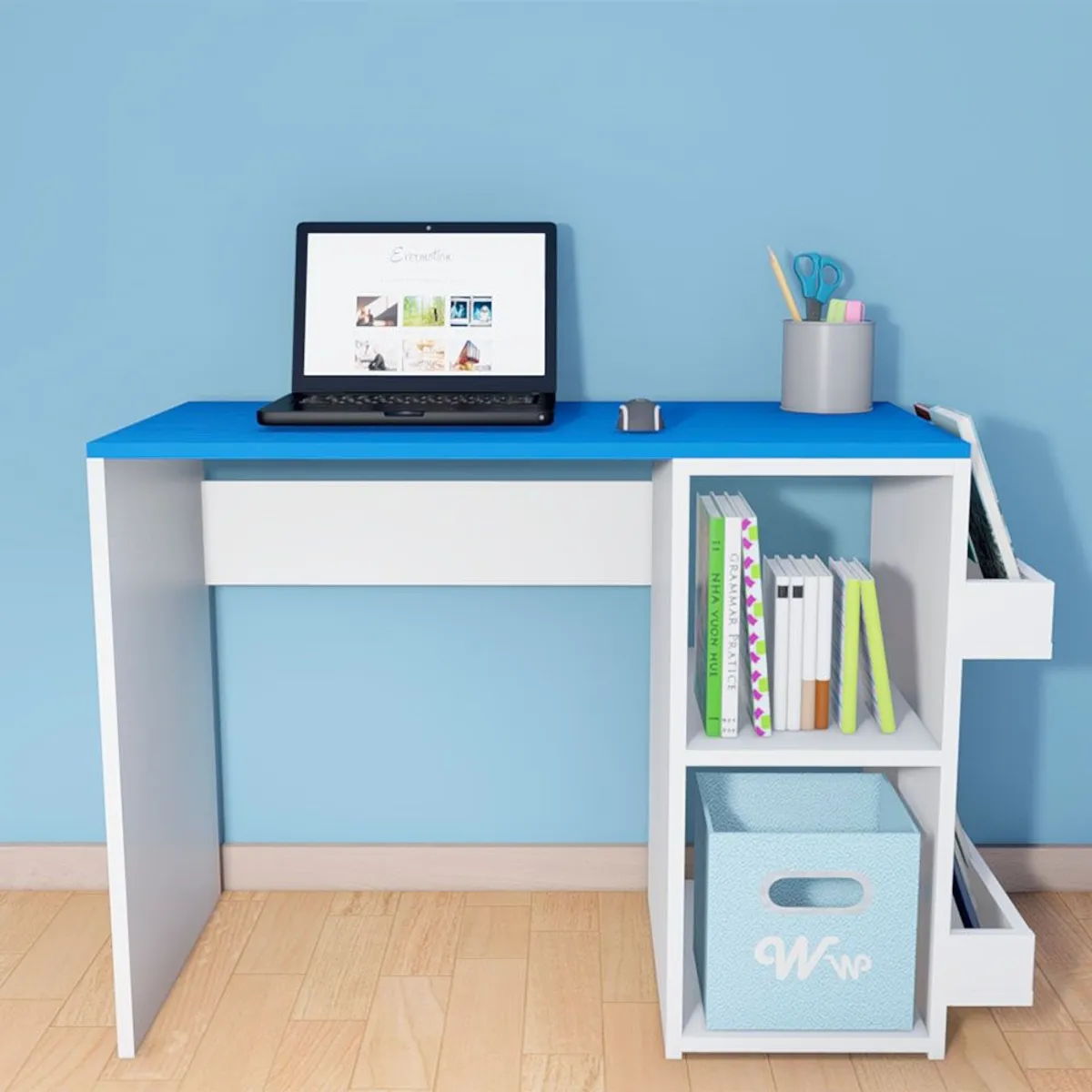 WONDER WOOD MUEBLERIA - Escritorio Harvey Wonder Wood Muebleria con 2 compartimientos y 2 portalibros Blanco/Azul