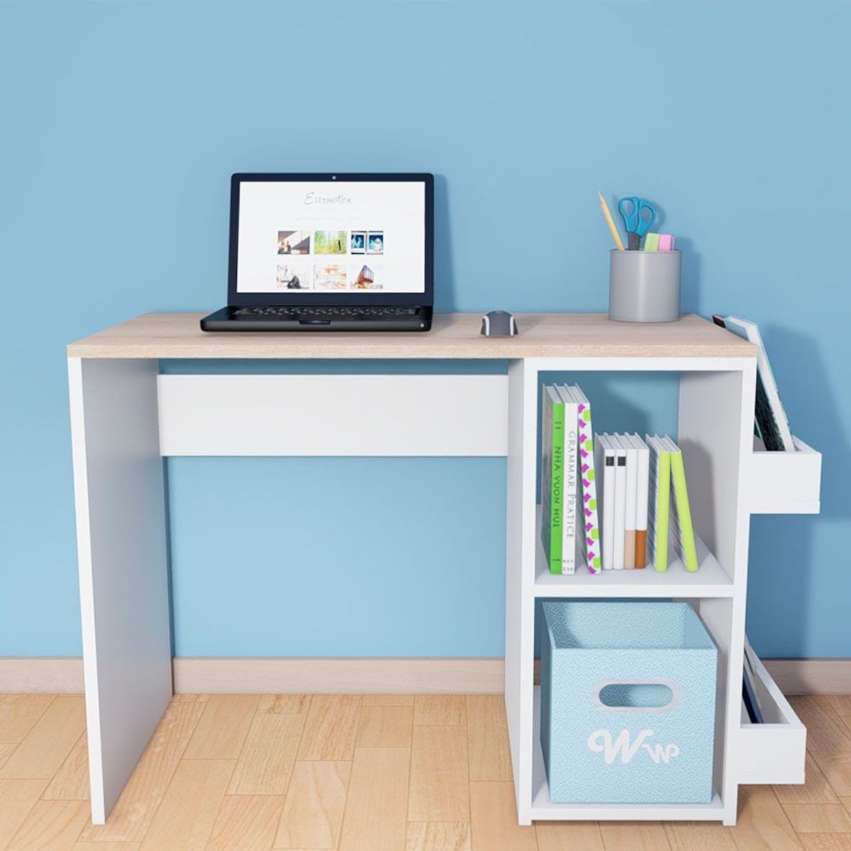 WONDER WOOD MUEBLERIA - Escritorio Harvey Wonder Wood Muebleria con 2 compartimientos y 2 portalibros Blanco/Natural