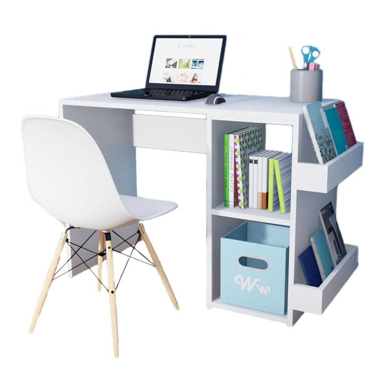 WONDER WOOD MUEBLERIA - Escritorio Harvey Wonder Wood Muebleria con 2 compartimientos y 2 portalibros Blanco + Silla