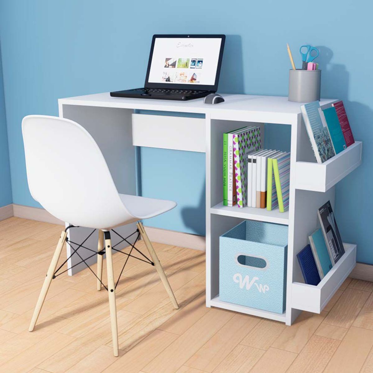 WONDER WOOD MUEBLERIA - Escritorio Harvey Wonder Wood Muebleria con 2 compartimientos y 2 portalibros Blanco + Silla