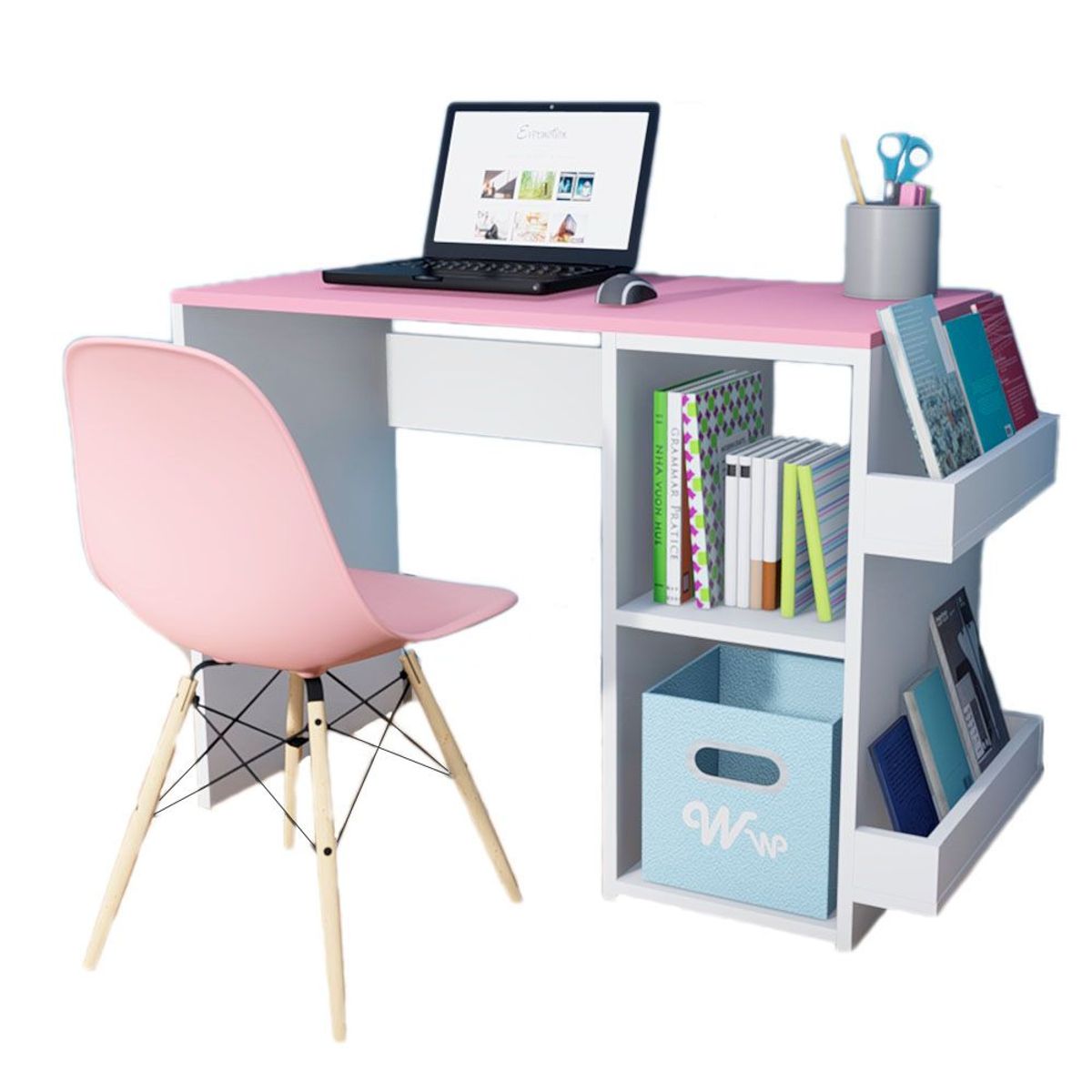 WONDER WOOD MUEBLERIA - Escritorio Harvey Wonder Wood Muebleria con 2 compartimientos y 2 portalibros Blanco/Rosado + Silla