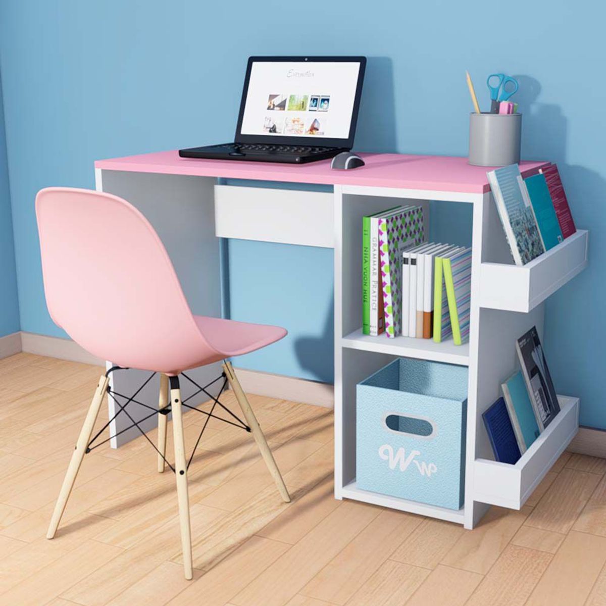 WONDER WOOD MUEBLERIA - Escritorio Harvey Wonder Wood Muebleria con 2 compartimientos y 2 portalibros Blanco/Rosado + Silla