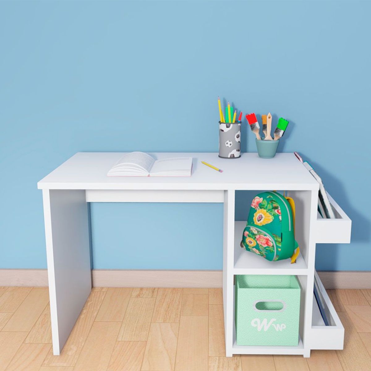 WONDER WOOD MUEBLERIA - Escritorio Montessori para Niños 2 a 7 años Wonder Wood Muebleria con 2 compartimientos y 2 portacuentos Blanco