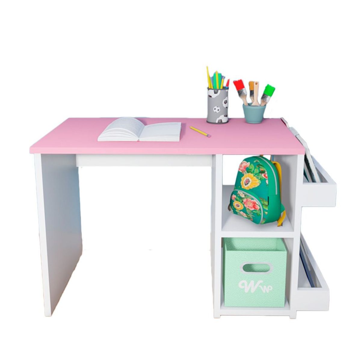 WONDER WOOD MUEBLERIA - Escritorio Montessori para Niños 2 a 7 años Wonder Wood Muebleria con 2 compartimientos y 2 portacuentos Blanco/Rosado