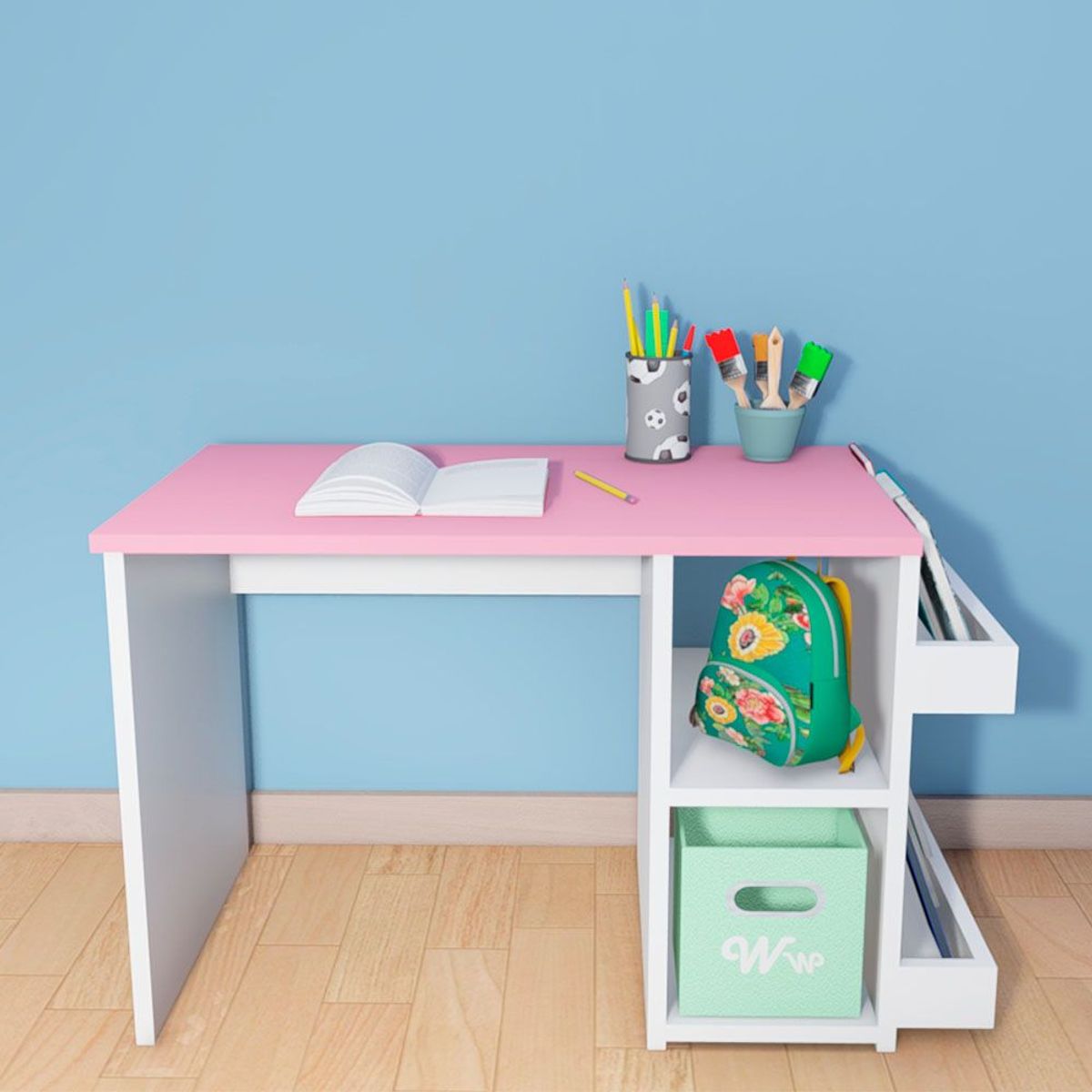 WONDER WOOD MUEBLERIA - Escritorio Montessori para Niños 2 a 7 años Wonder Wood Muebleria con 2 compartimientos y 2 portacuentos Blanco/Rosado