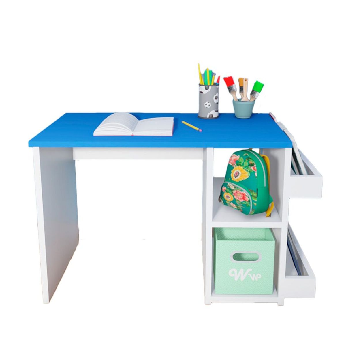 WONDER WOOD MUEBLERIA - Escritorio Montessori para Niños 2 a 7 años Wonder Wood Muebleria con 2 compartimientos y 2 portacuentos Blanco/Azul