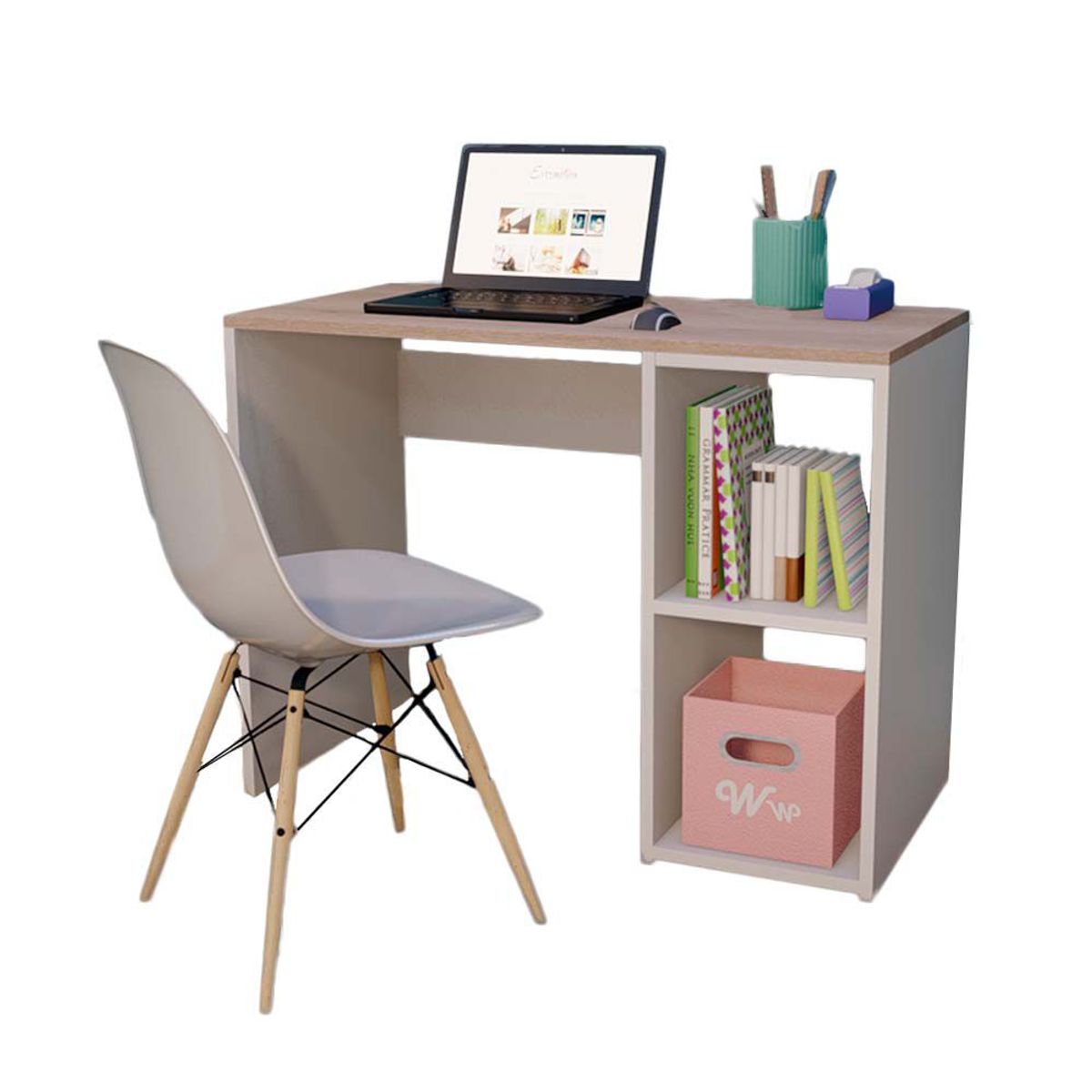 WONDER WOOD MUEBLERIA - Escritorio Harvey + Silla Wonder Wood Muebleria con 2 compartimientos blanco/damasco