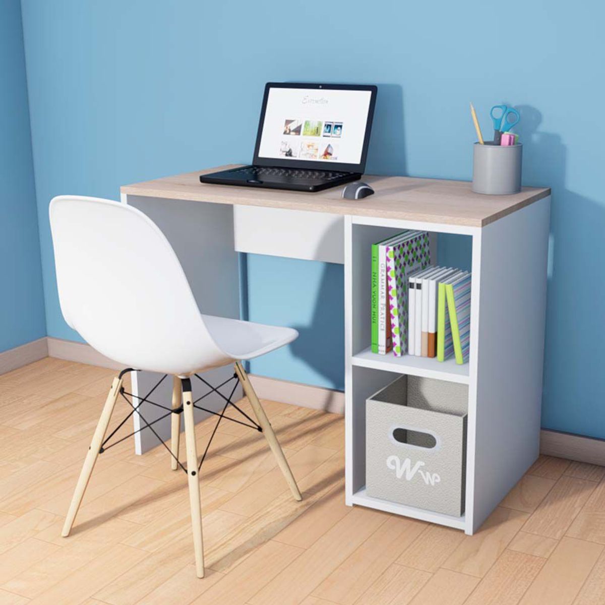 WONDER WOOD MUEBLERIA - Escritorio Harvey + Silla Wonder Wood Muebleria con 2 compartimientos blanco/damasco
