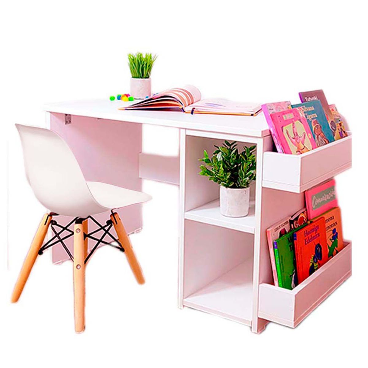 WONDER WOOD MUEBLERIA - Escritorio Montessori para Niños 2 a 7 años + Silla Wonder Wood Muebleria con 2 compartimientos y 2 portacuentos Blanco