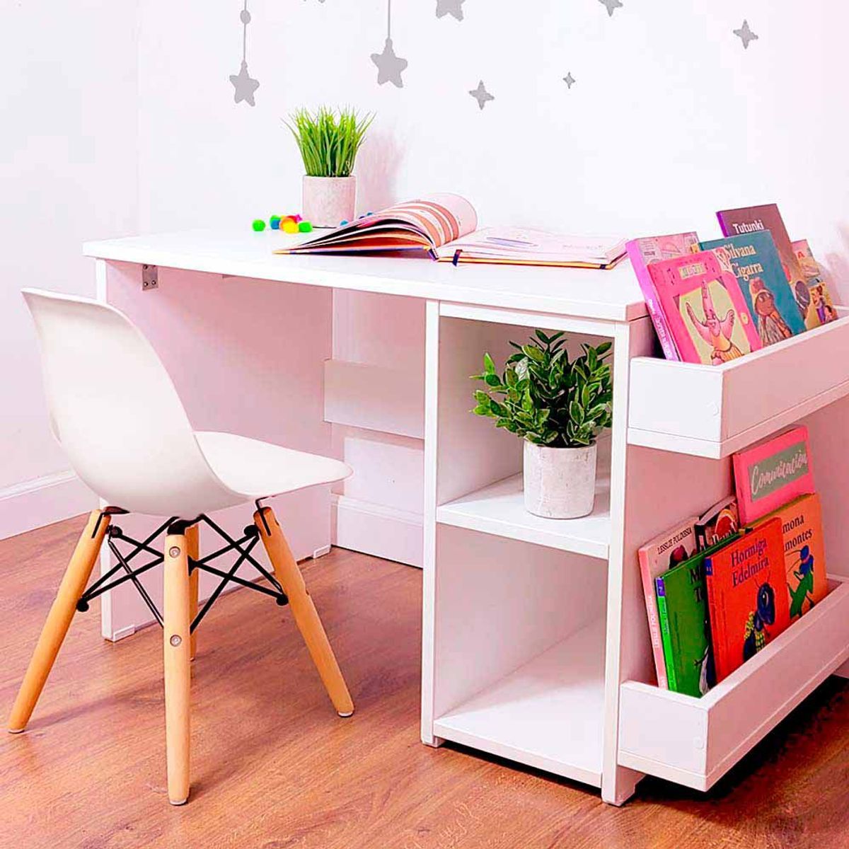 WONDER WOOD MUEBLERIA - Escritorio Montessori para Niños 2 a 7 años + Silla Wonder Wood Muebleria con 2 compartimientos y 2 portacuentos Blanco