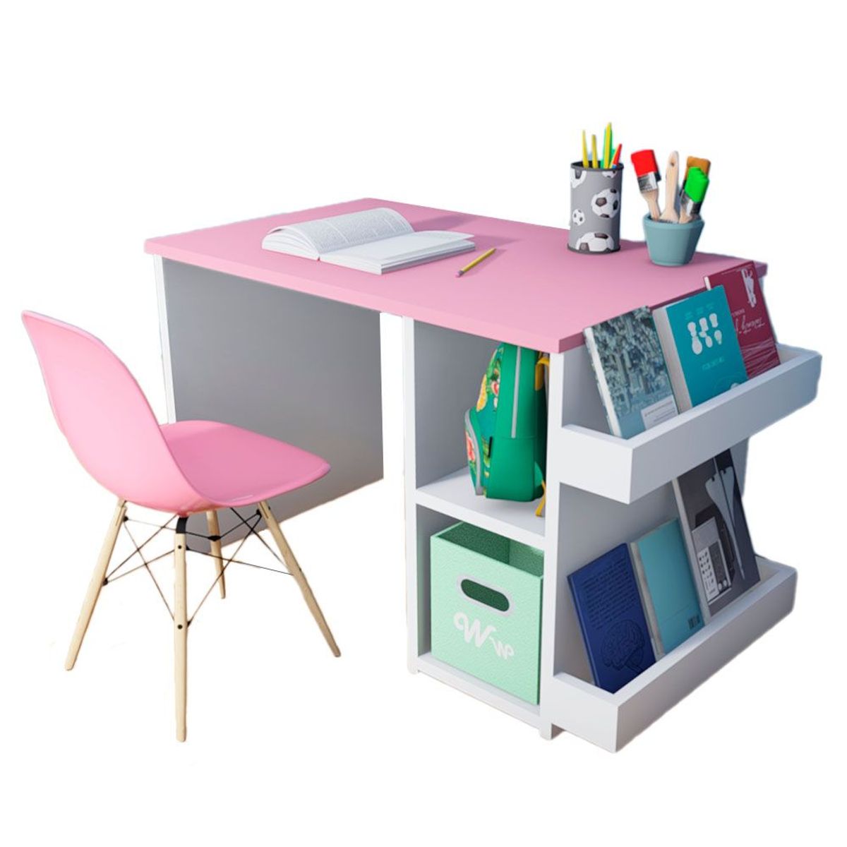 WONDER WOOD MUEBLERIA - Escritorio Montessori para Niños 2 a 7 años + Silla Wonder Wood Muebleria con 2 compartimientos y 2 portacuentos Rosado