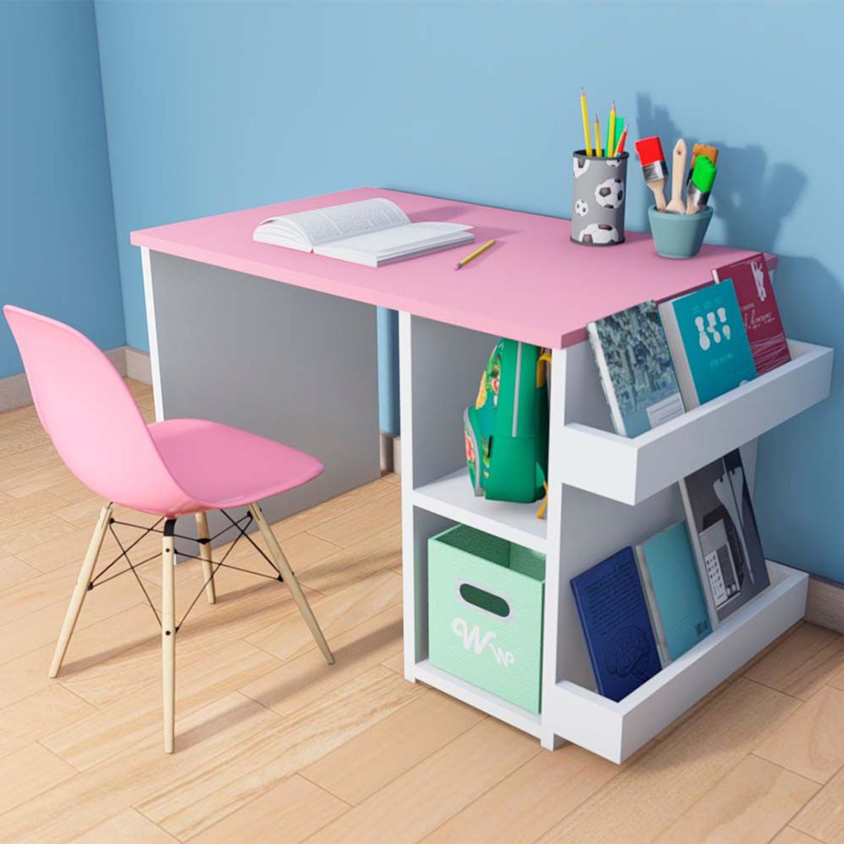WONDER WOOD MUEBLERIA - Escritorio Montessori para Niños 2 a 7 años + Silla Wonder Wood Muebleria con 2 compartimientos y 2 portacuentos Rosado