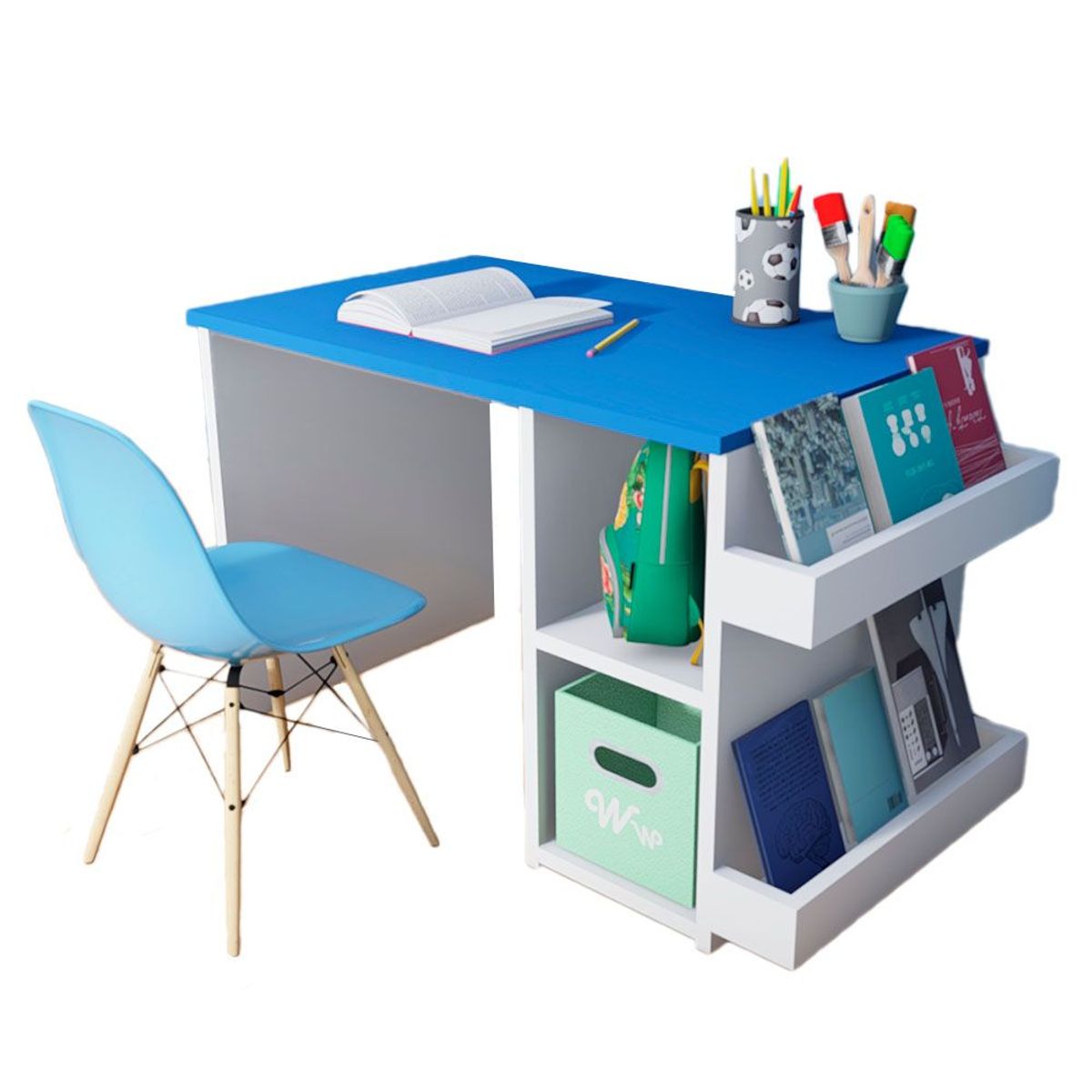 WONDER WOOD MUEBLERIA - Escritorio Montessori para Niños 2 a 7 años + Silla Wonder Wood Muebleria con 2 compartimientos y 2 portacuentos Azul