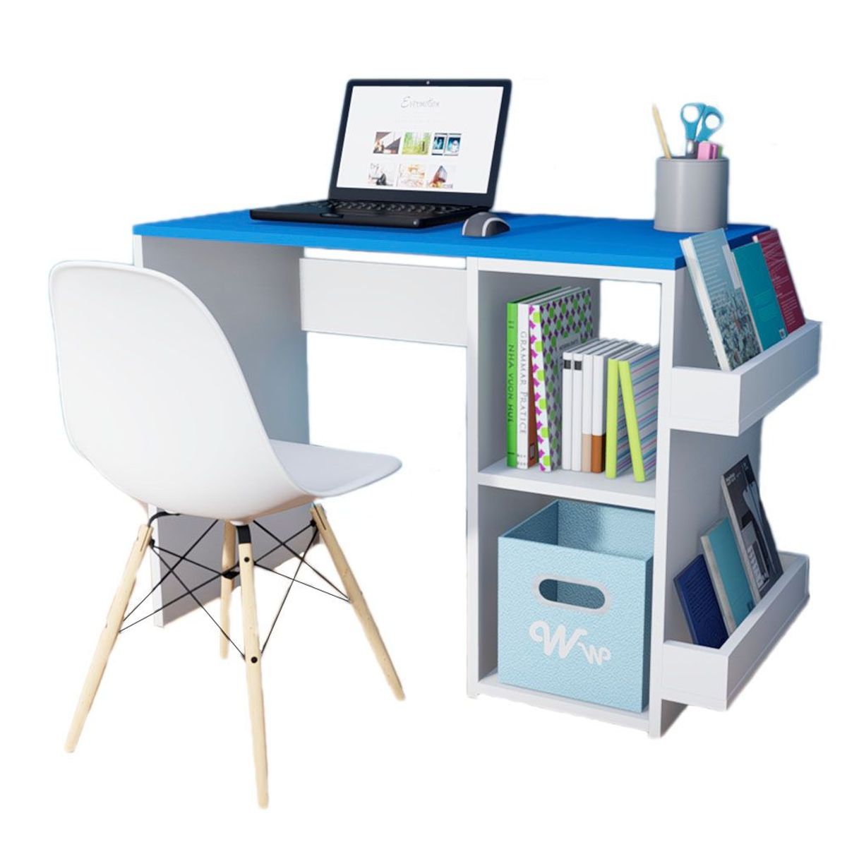 WONDER WOOD MUEBLERIA - Escritorio Harvey Wonder Wood Muebleria con 2 compartimientos y 2 portalibros Blanco/Azul + Silla