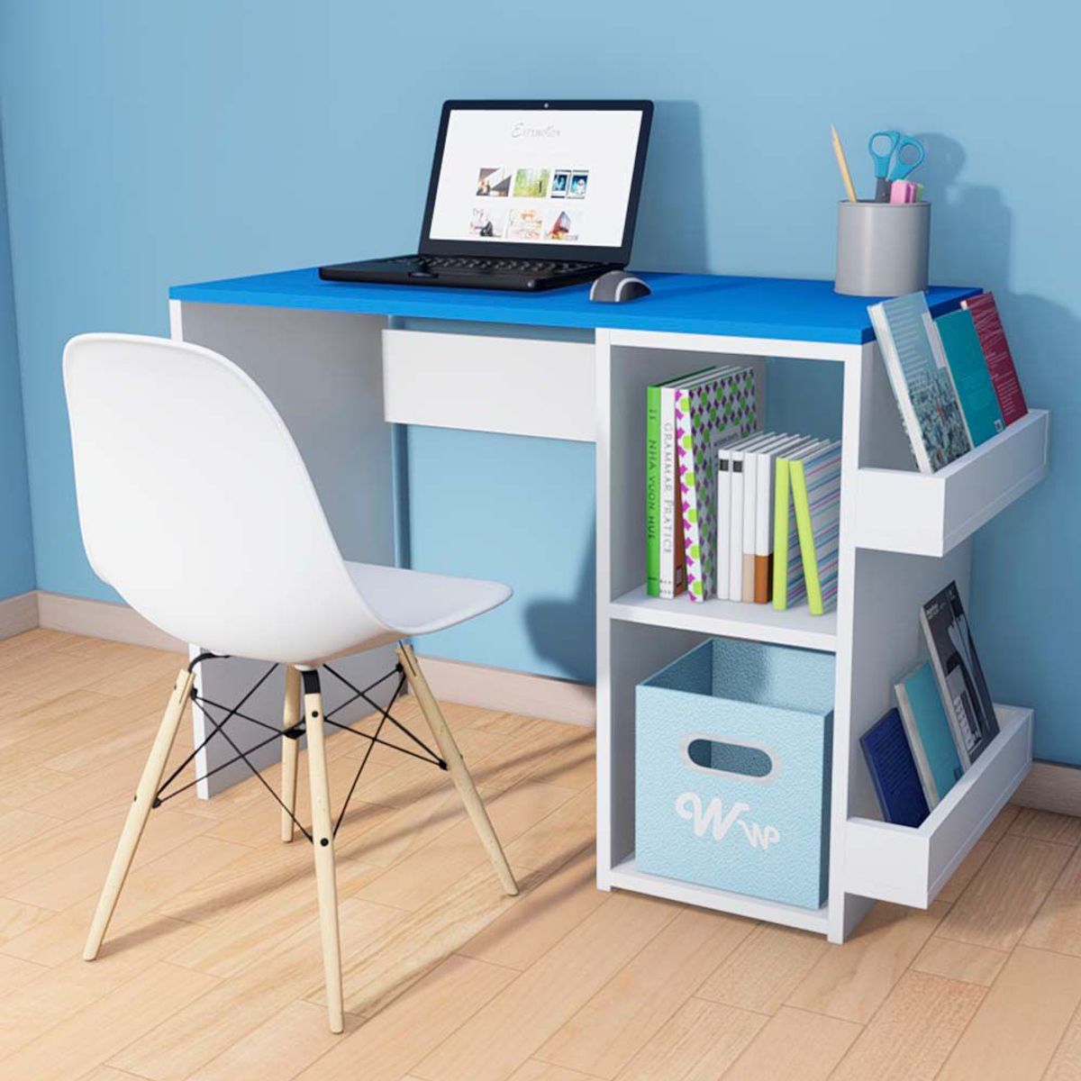 WONDER WOOD MUEBLERIA - Escritorio Harvey Wonder Wood Muebleria con 2 compartimientos y 2 portalibros Blanco/Azul + Silla
