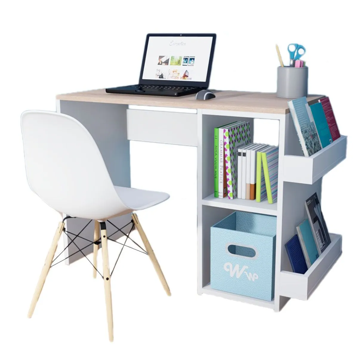 WONDER WOOD MUEBLERIA - Escritorio Harvey Wonder Wood Muebleria con 2 compartimientos y 2 portalibros Blanco/Natural + Silla