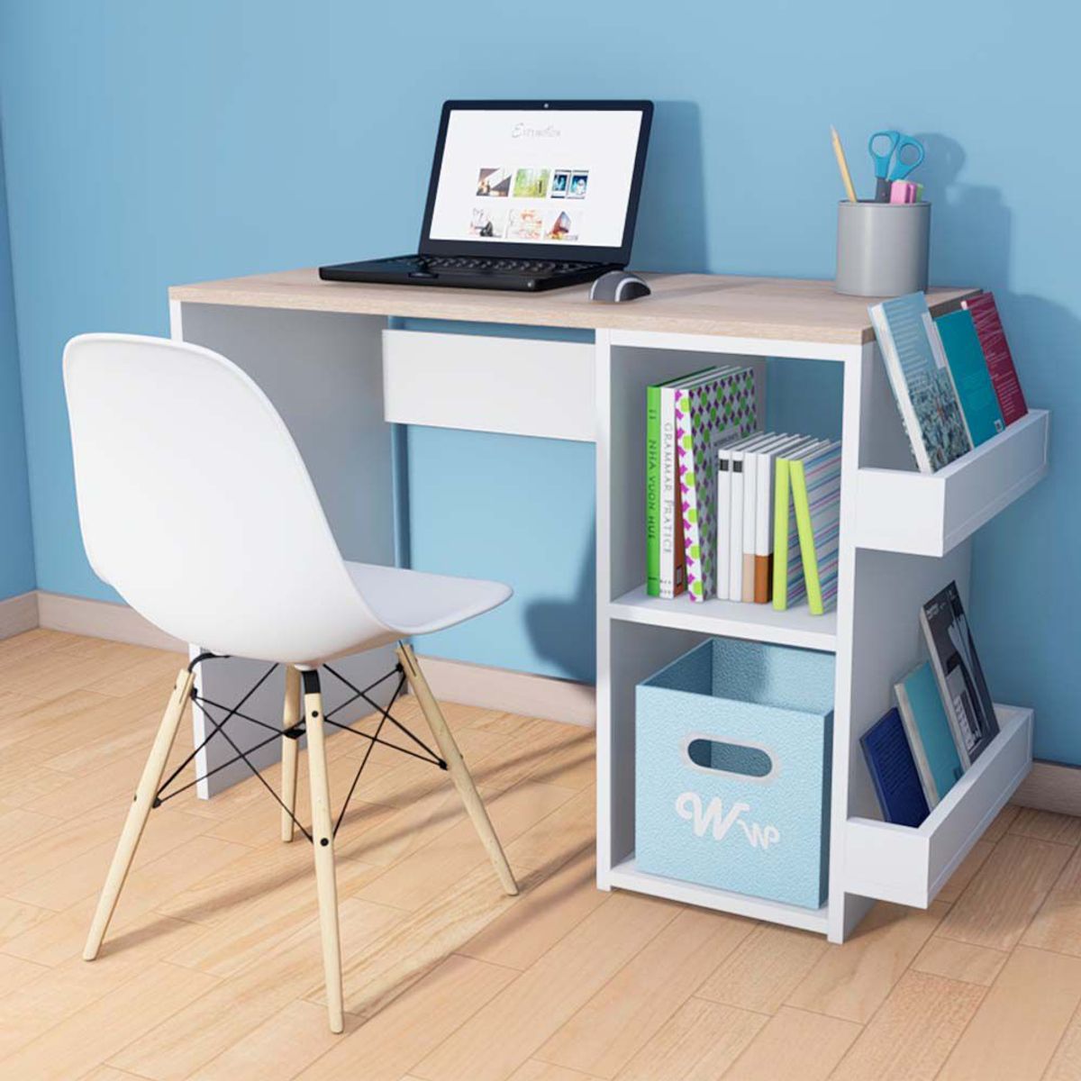 WONDER WOOD MUEBLERIA - Escritorio Harvey Wonder Wood Muebleria con 2 compartimientos y 2 portalibros Blanco/Natural + Silla
