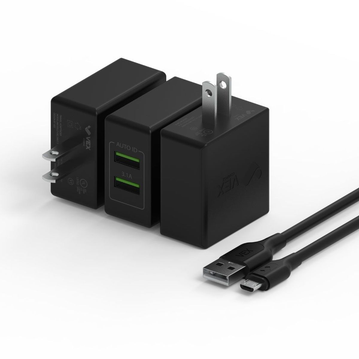 VEX - Cargador de Pared 2 puertos USB 3.1 con Cable Micro VEX - Negro