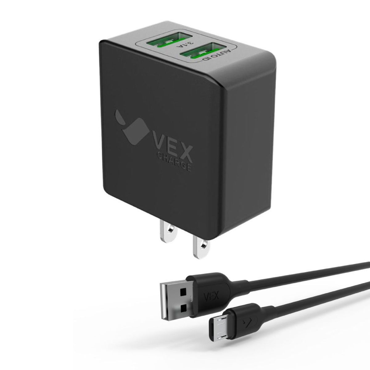 VEX - Cargador de Pared 2 puertos USB 3.1 con Cable Micro VEX - Negro