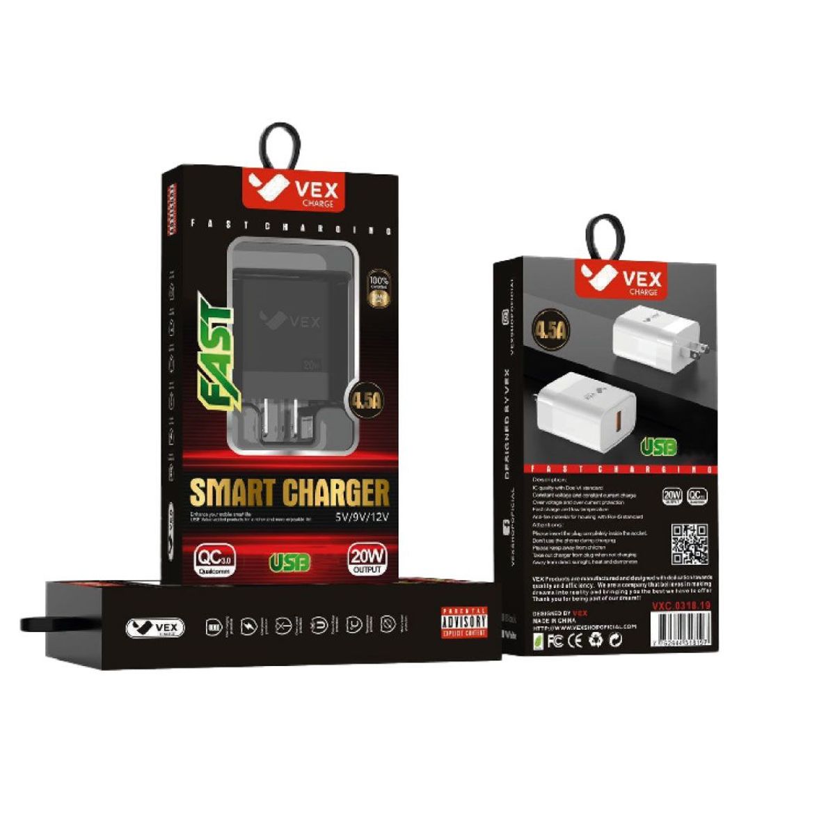 VEX - Cargador de Pared 20W USB QC 3.0 Carga Rápida - Cable Tipo C - Negro