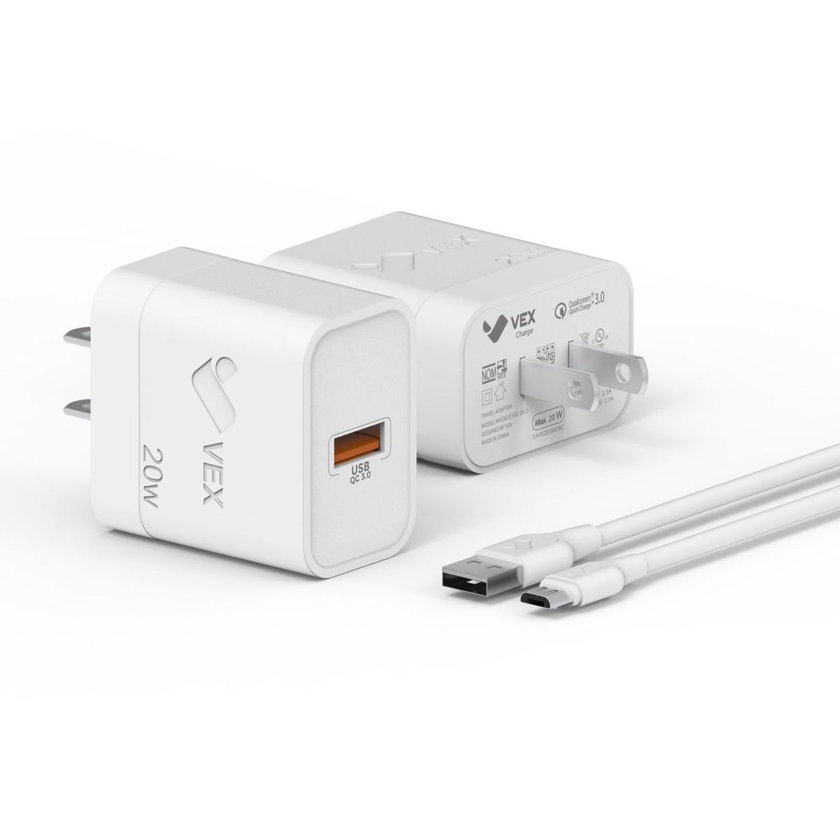 VEX - Cargador de Pared 20W USB QC 3.0 Carga Rápida - Cable Micro - Blanco