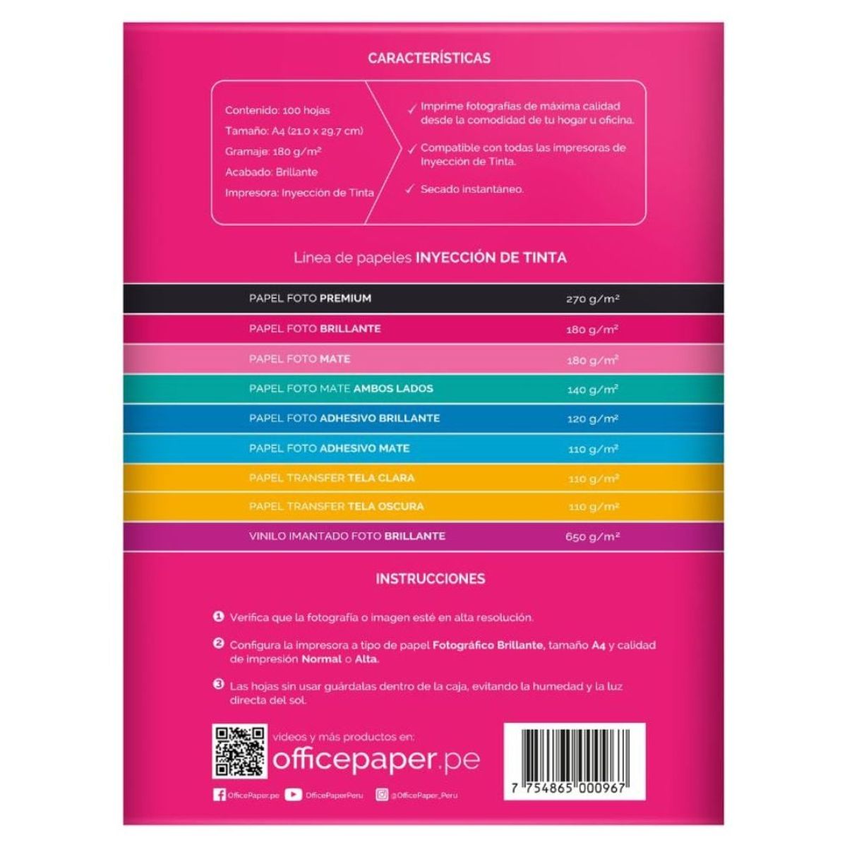 OFFICE PAPER - Papel Foto Office Paper Brillante 180g por 100 Hojas A4