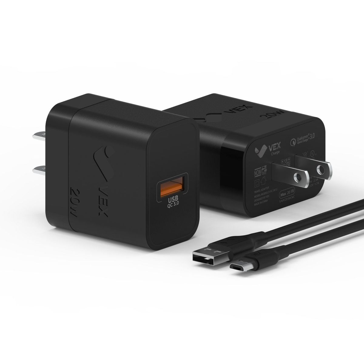 VEX - Cargador de Pared 20W USB QC 3.0 Carga Rápida - Cable Micro - Negro