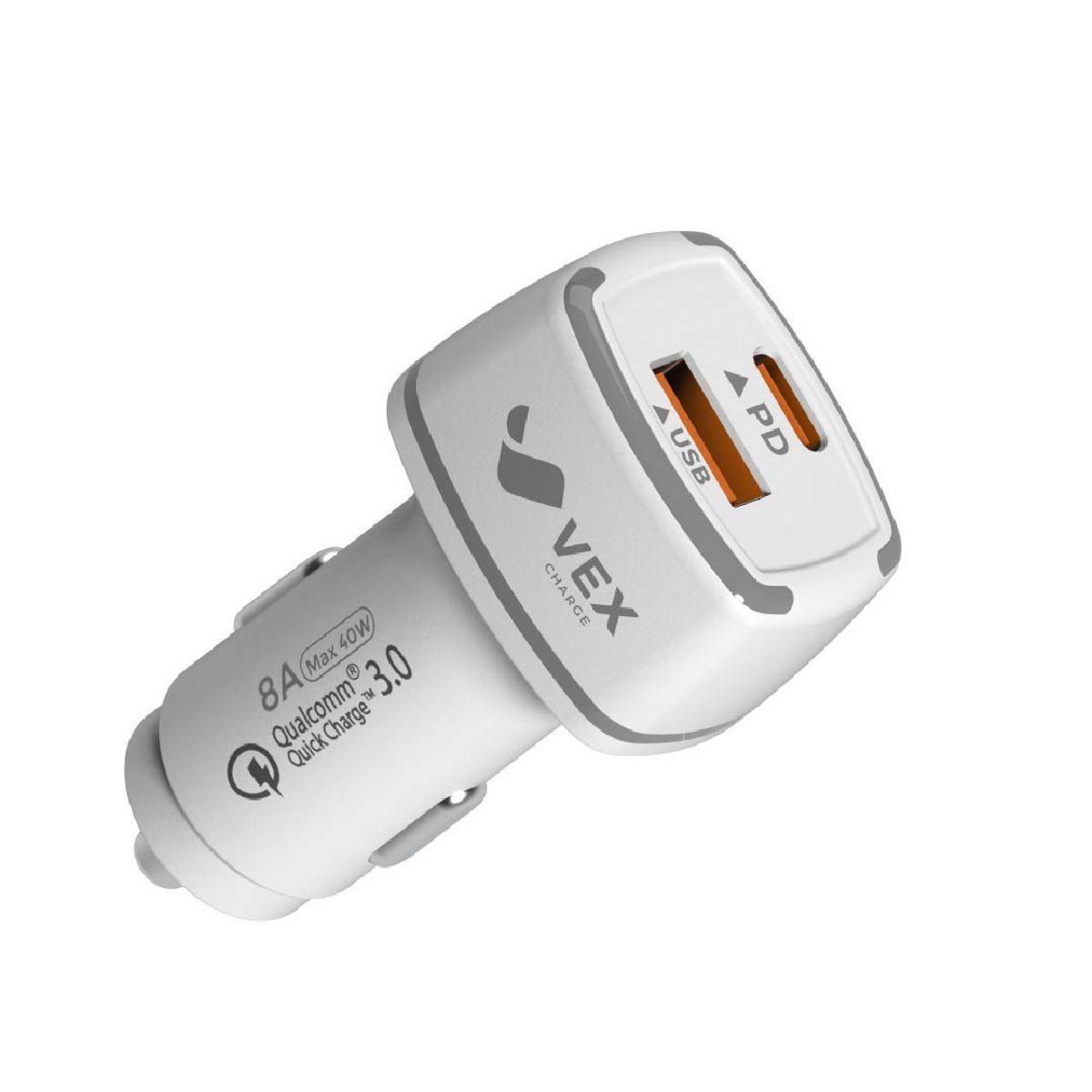 VEX - Cargador Para Auto 8A - 2 Puertos USB+PD con Cable Tipo C Vex - Blanco