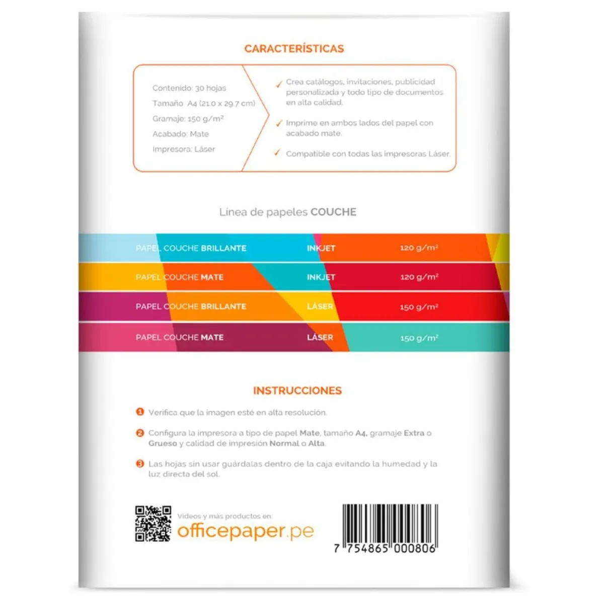 OFFICE PAPER - Papel Couche Láser Office Paper Mate 150g por 30 Hojas A4
