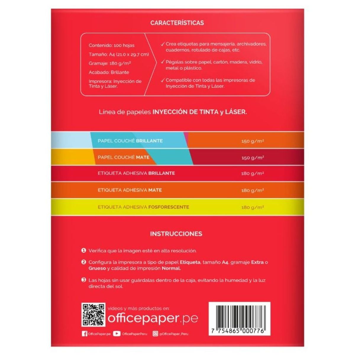 OFFICE PAPER - Etiqueta Brillante Office Paper 180g por 100 Hojas A4