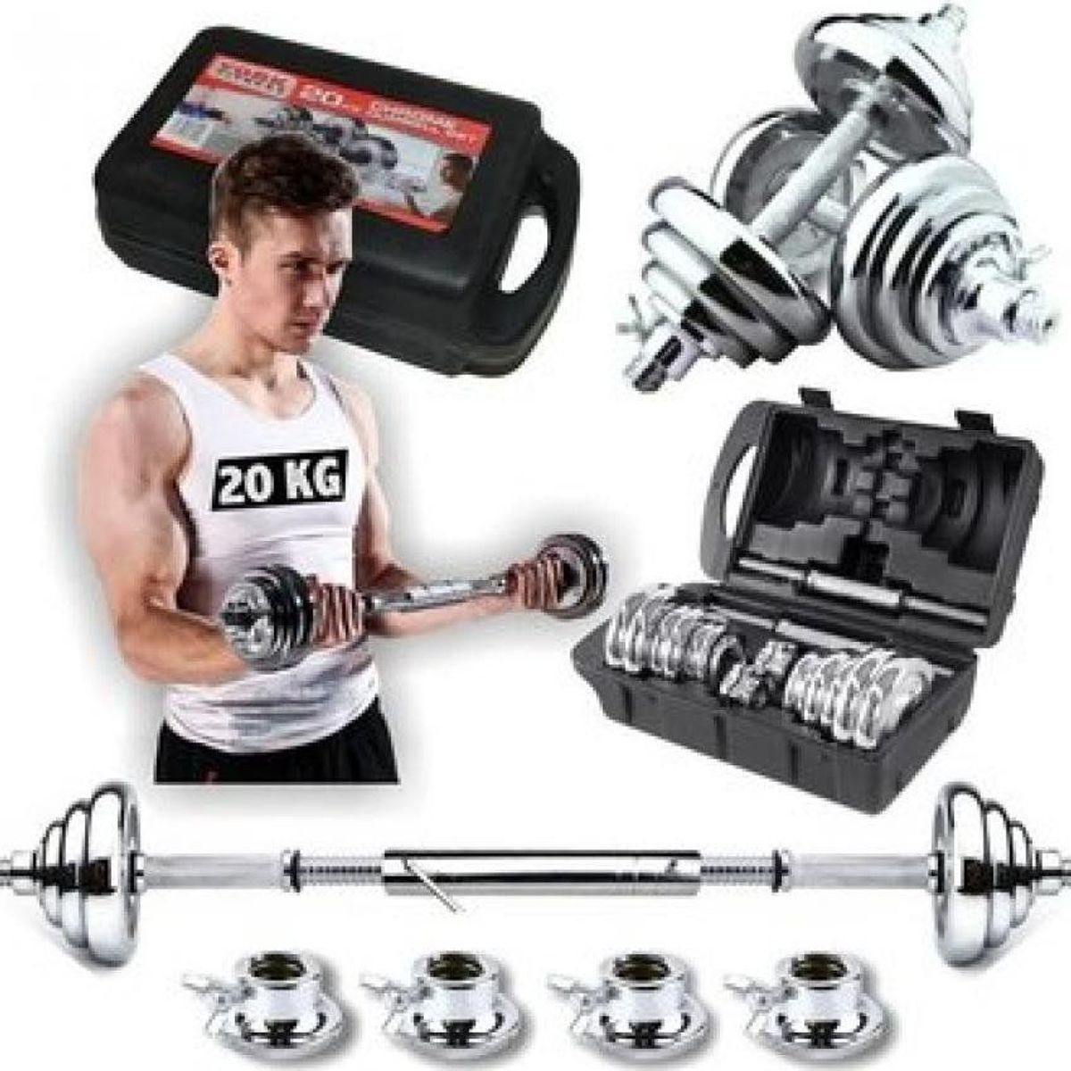 HOLGU - Set De Pesas De 20kg - Cromadas Barra De Acople