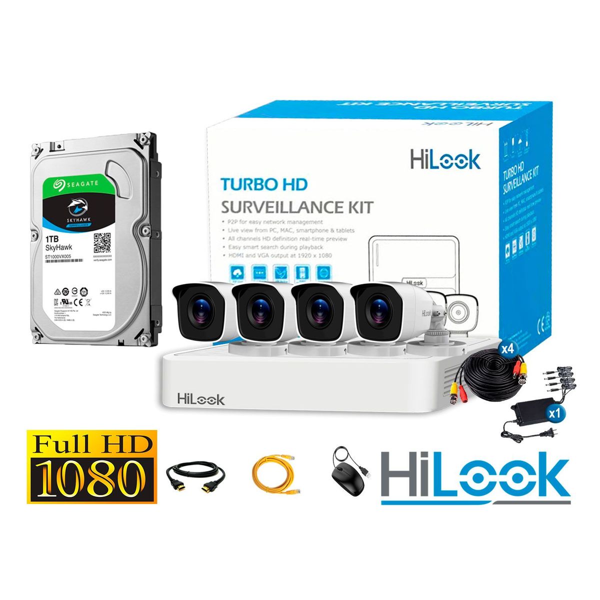 HILOOK - CÁMARAS SEGURIDAD KIT 4 EXTERIOR FULL HD 2MP + DISCO 1TB