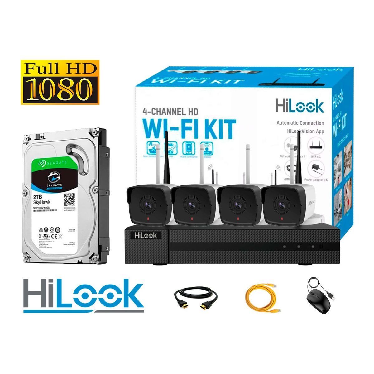 HILOOK - CÁMARAS SEGURIDAD KIT 4 EXTERIOR WIFI FULL HD 2MP + DISCO 2TB