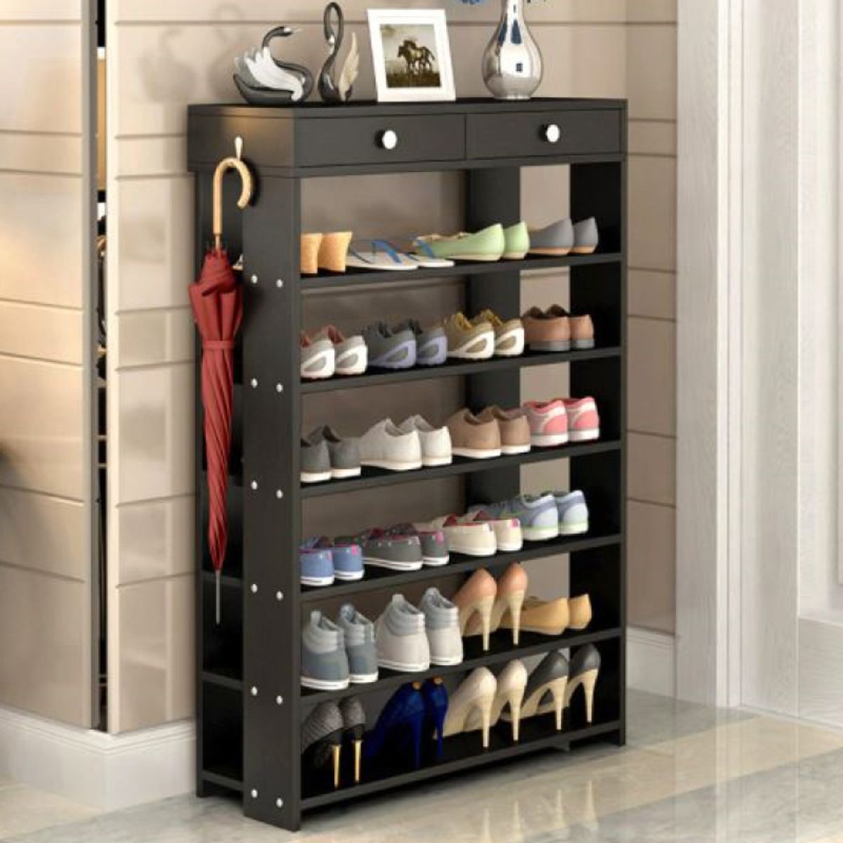 VILLA HOGAR - Zapatera multifunción Pao negro - capacidad para hasta 24 pares de zapatos