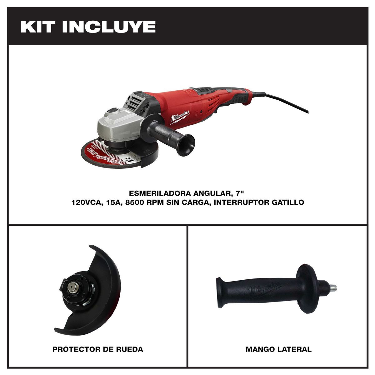 MILWAUKEE - Amoladora angular 7", 2200 W, 8500 RPM, c/ asa lateral 3 posiciones, 6086-59.