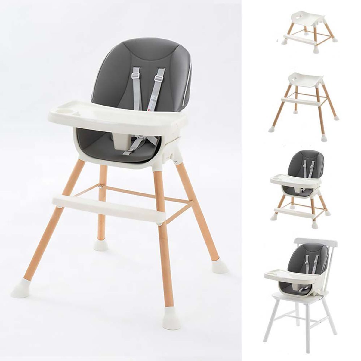 BABYKISS - SILLA DE COMER DE MADERA PARA BEBES 5 EN 1 DE LUJO GRIS